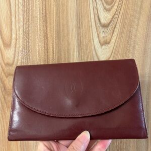 Auth Vintage Cartier Long Wallet Kisslock Bordeaux Leather